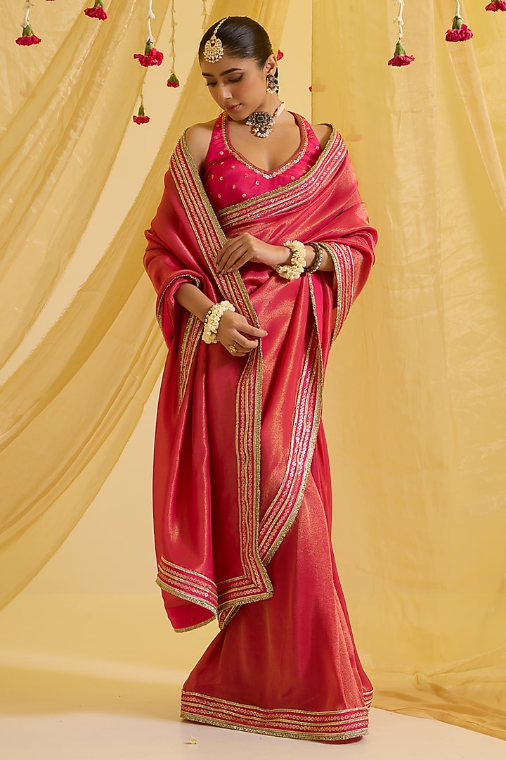 Fuschia Pink Silk & Silk Tissue Embroidered Pre-Draped Saree Set by SONAL PASRIJA at Pernia's Pop Up Shop