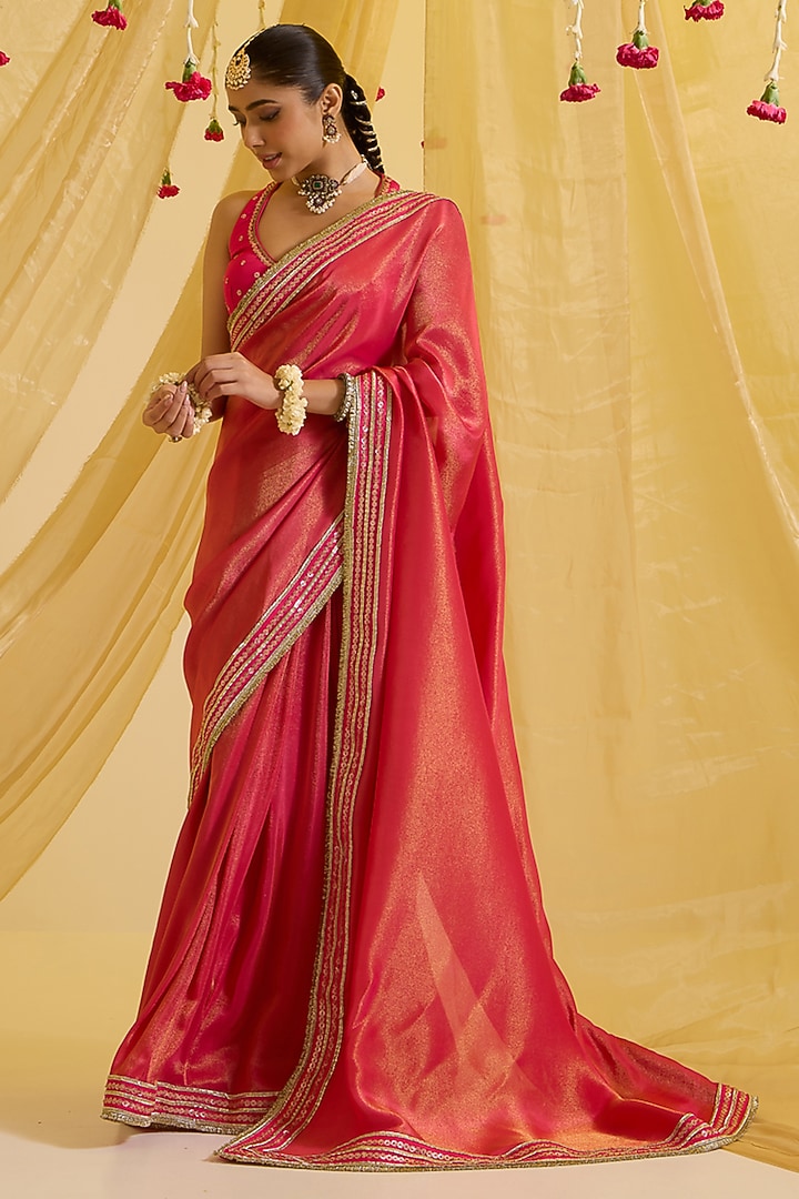 Fuschia Pink Silk & Silk Tissue Embroidered Pre-Draped Party Wear Saree Set by SONAL PASRIJA at Pernia's Pop Up Shop