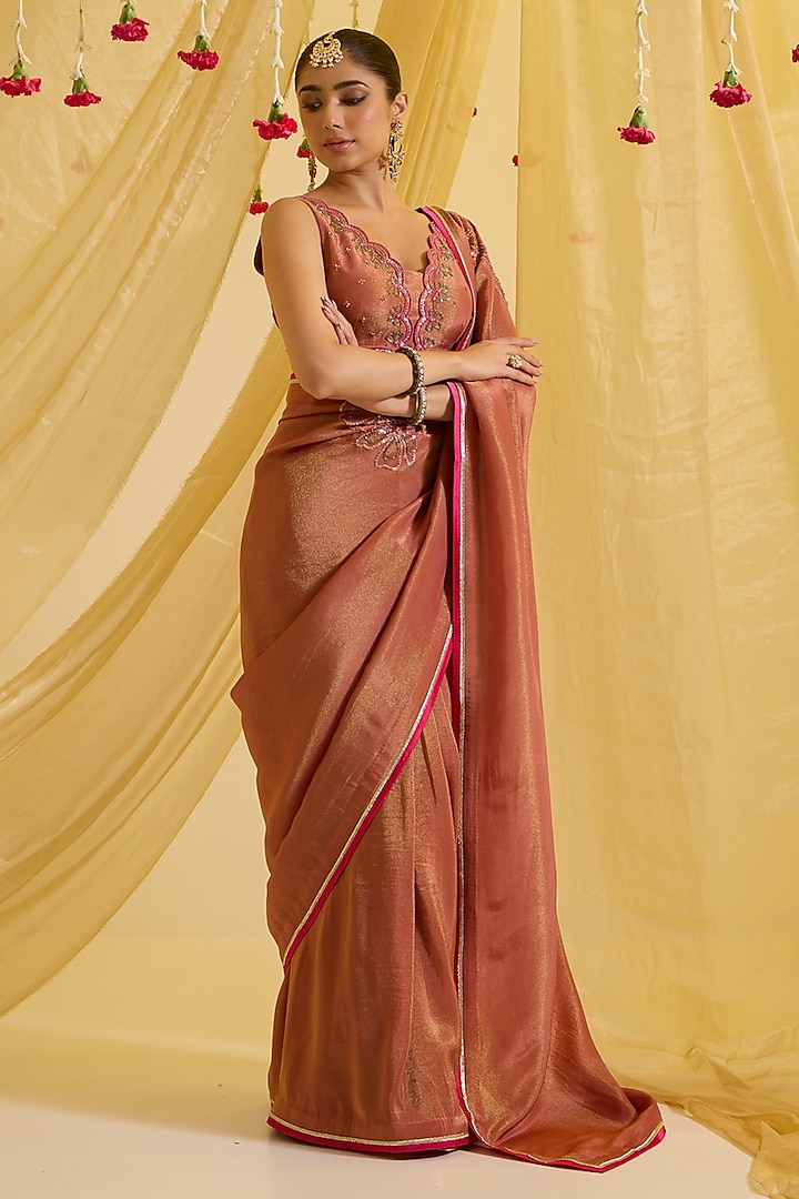 Brick Colored Silk Tissue Floral Embroidered Pre-Draped Saree Set by SONAL PASRIJA at Pernia's Pop Up Shop