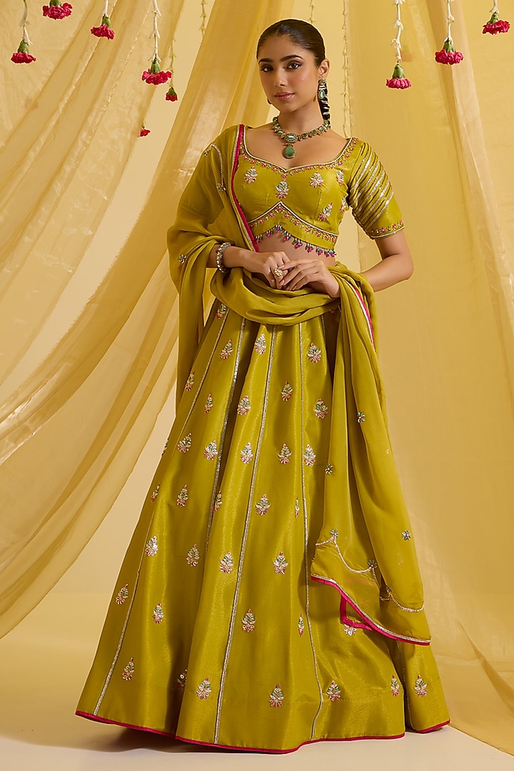 Lime Green Tissue Silk & Organza Embroidered Kalidar Wedding Lehenga Set by SONAL PASRIJA at Pernia's Pop Up Shop