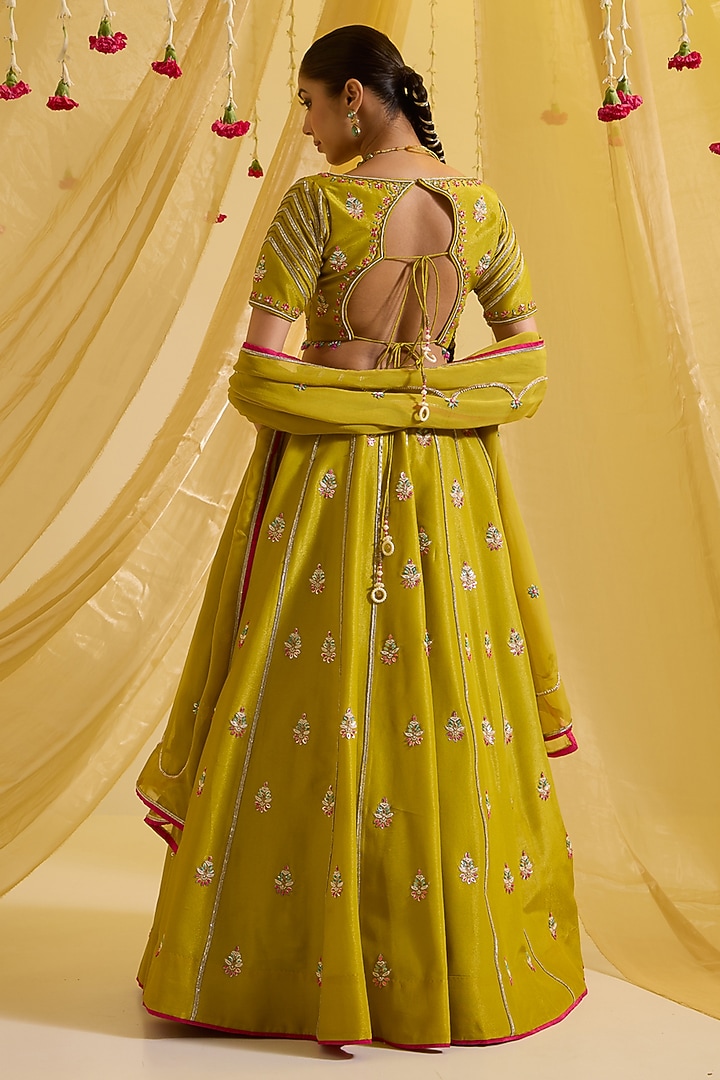 Lime Green Tissue Silk & Organza Embroidered Kalidar Wedding Lehenga Set by SONAL PASRIJA at Pernia's Pop Up Shop