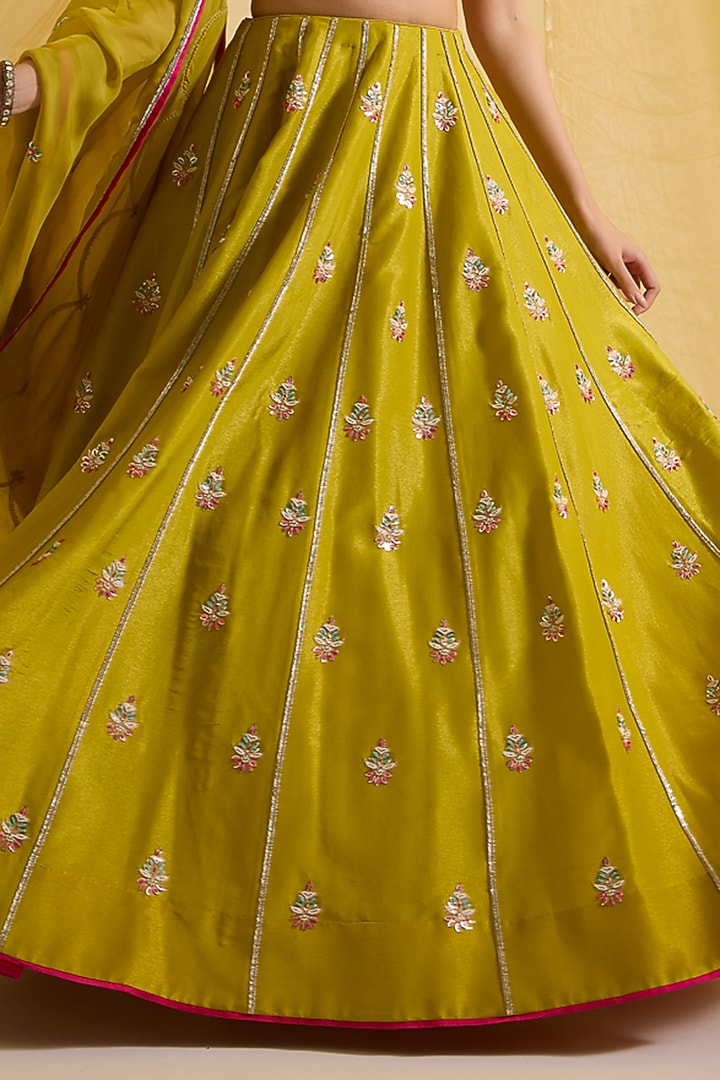 Lime Green Tissue Silk & Organza Embroidered Kalidar Wedding Lehenga Set by SONAL PASRIJA at Pernia's Pop Up Shop