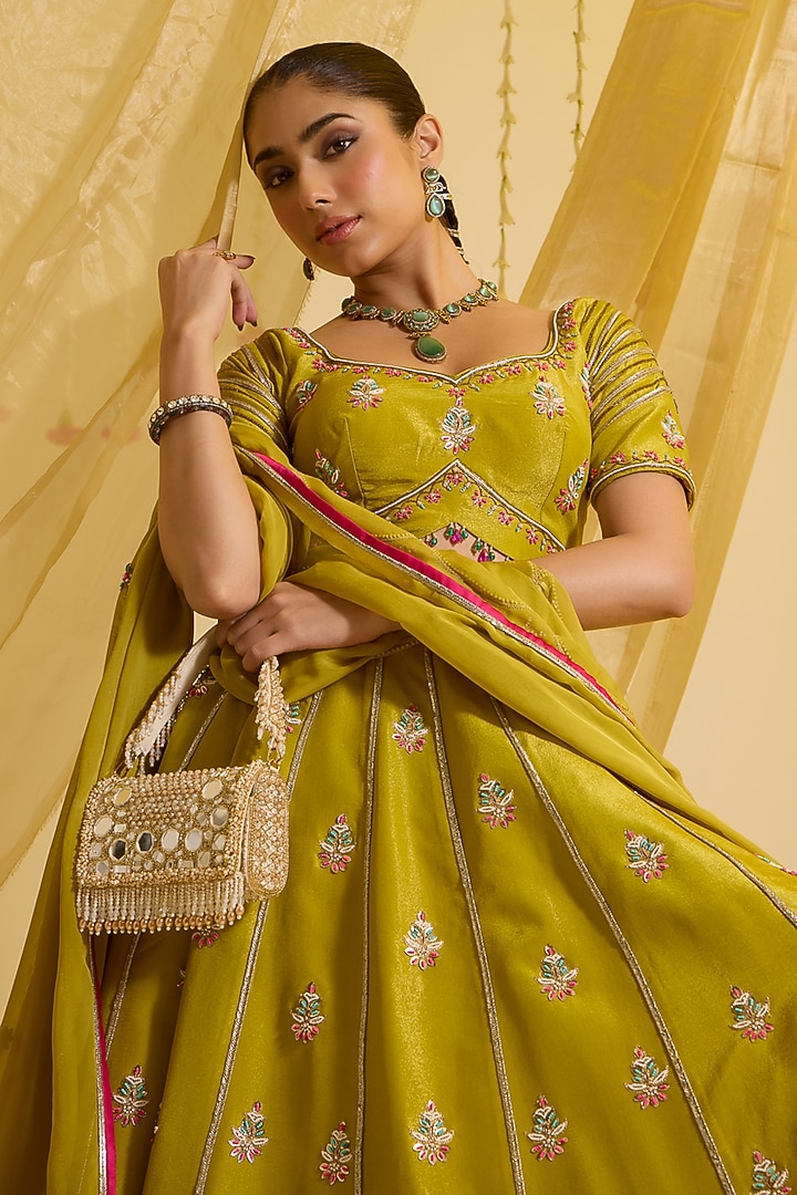 Lime Green Tissue Silk & Organza Embroidered Kalidar Wedding Lehenga Set by SONAL PASRIJA at Pernia's Pop Up Shop