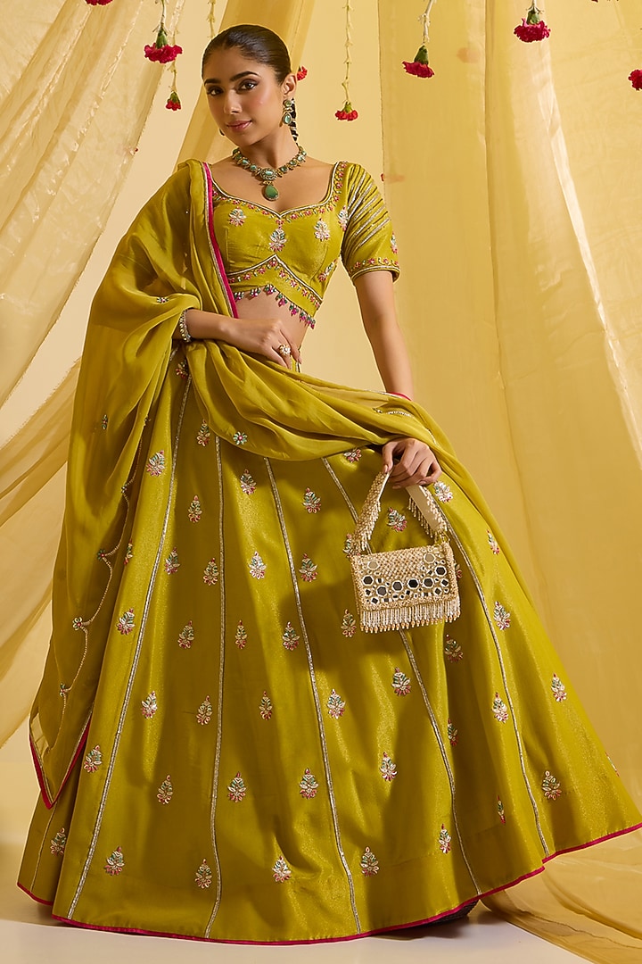 Lime Green Tissue Silk & Organza Embroidered Kalidar Wedding Lehenga Set by SONAL PASRIJA at Pernia's Pop Up Shop
