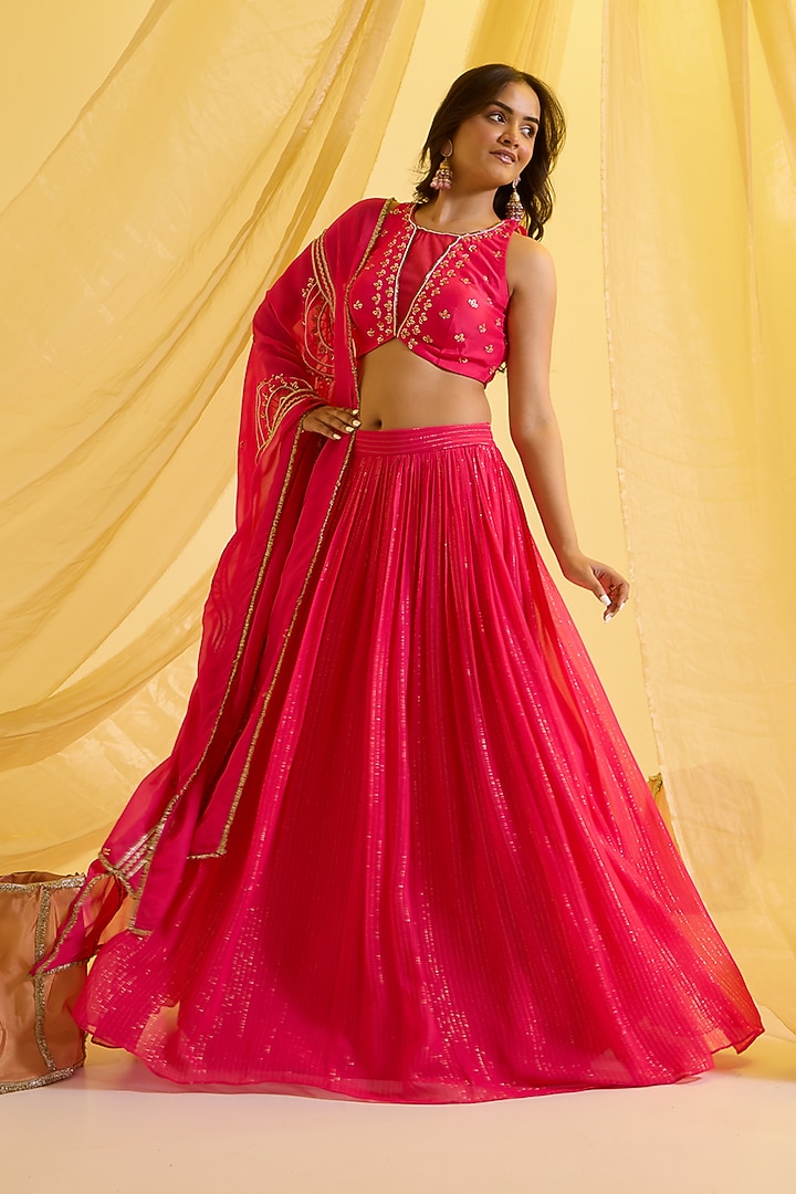 Fuchsia Pink Silk & lurex Embroidered Wedding Lehenga Set by SONAL PASRIJA at Pernia's Pop Up Shop