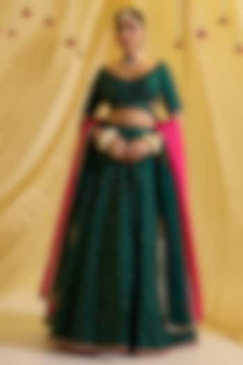 Bottle Green Silk & Organza Embroidered Kalidar Wedding Lehenga Set by SONAL PASRIJA at Pernia's Pop Up Shop