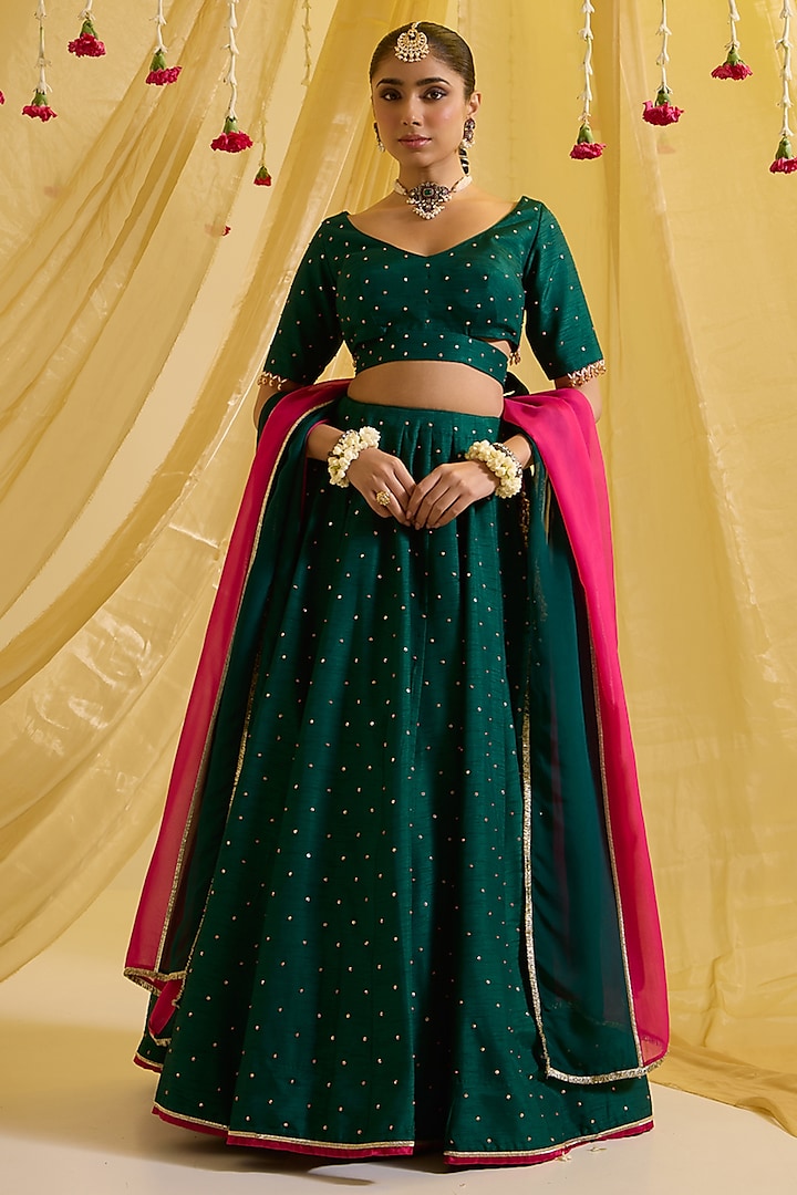 Bottle Green Silk & Organza Embroidered Kalidar Wedding Lehenga Set by SONAL PASRIJA at Pernia's Pop Up Shop