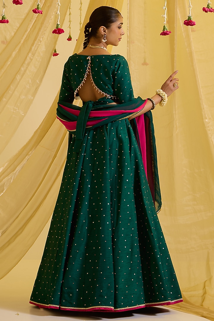 Bottle Green Silk & Organza Embroidered Kalidar Wedding Lehenga Set by SONAL PASRIJA at Pernia's Pop Up Shop
