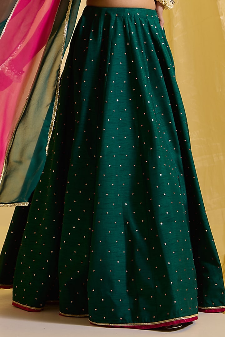 Bottle Green Silk & Organza Embroidered Kalidar Wedding Lehenga Set by SONAL PASRIJA at Pernia's Pop Up Shop