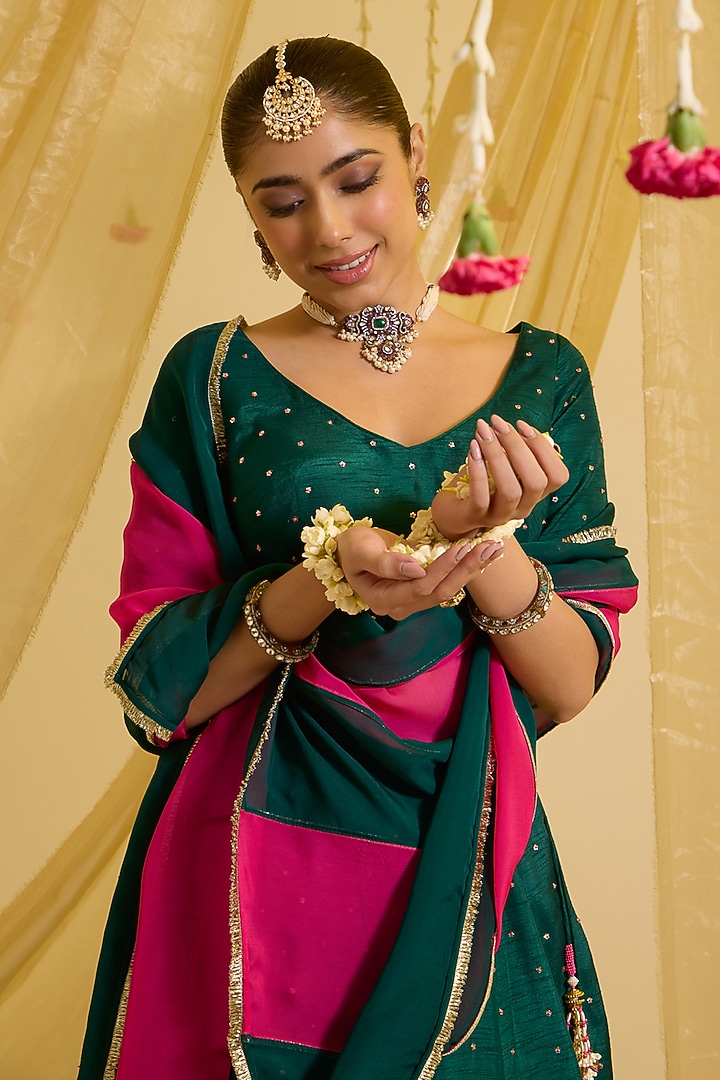 Bottle Green Silk & Organza Embroidered Kalidar Wedding Lehenga Set by SONAL PASRIJA at Pernia's Pop Up Shop