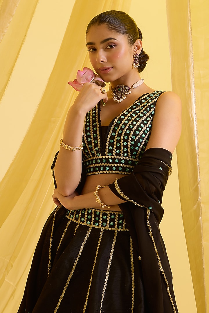 Black Silk Kalidar Wedding Lehenga Set by SONAL PASRIJA at Pernia's Pop Up Shop