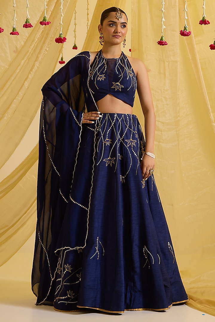 Navy Blue Silk Embroidered Wedding Lehenga Set by SONAL PASRIJA at Pernia's Pop Up Shop