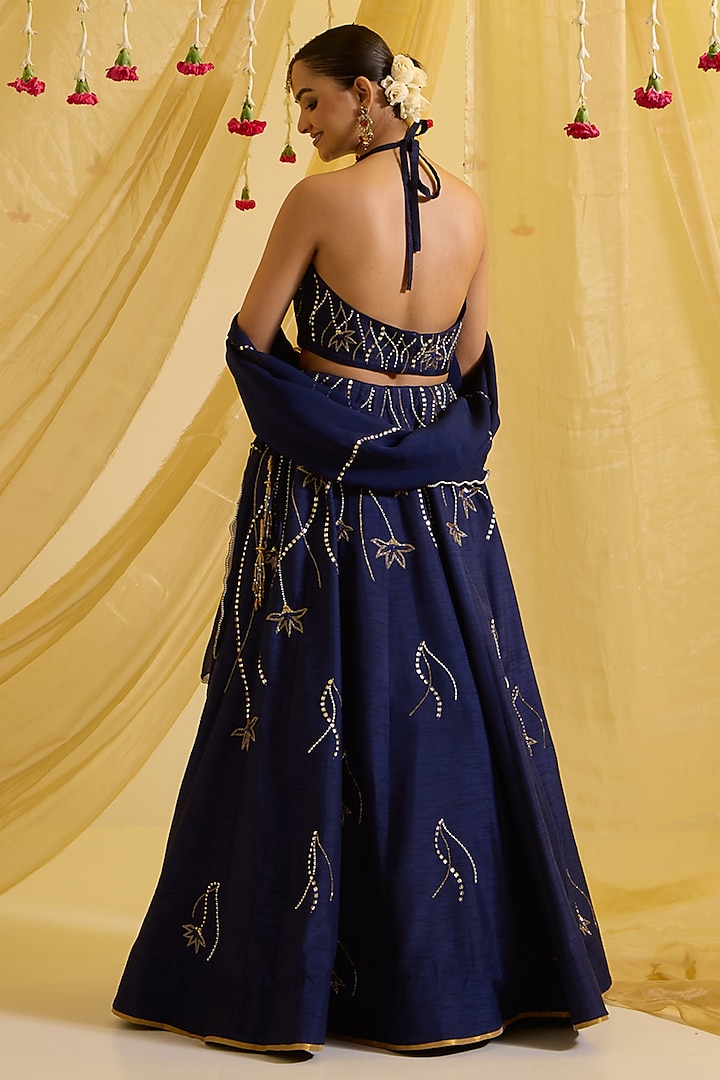 Navy Blue Silk Embroidered Wedding Lehenga Set by SONAL PASRIJA at Pernia's Pop Up Shop