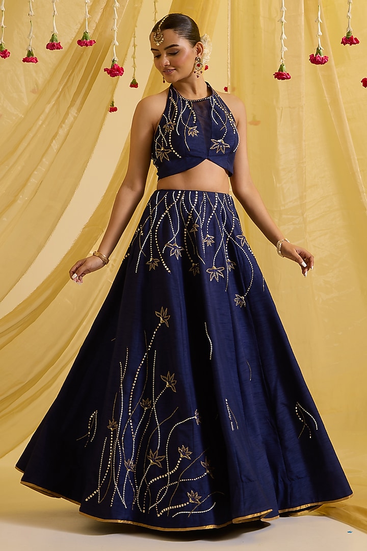 Navy Blue Silk Embroidered Wedding Lehenga Set by SONAL PASRIJA at Pernia's Pop Up Shop