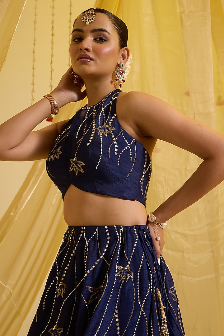 Navy Blue Silk Embroidered Wedding Lehenga Set by SONAL PASRIJA at Pernia's Pop Up Shop