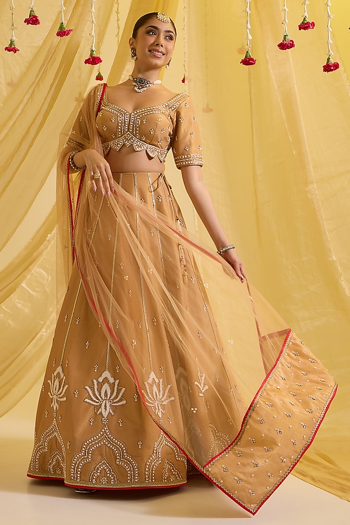 Beige Silk Tissue Embroidered Kalidar Wedding Lehenga Set by SONAL PASRIJA at Pernia's Pop Up Shop