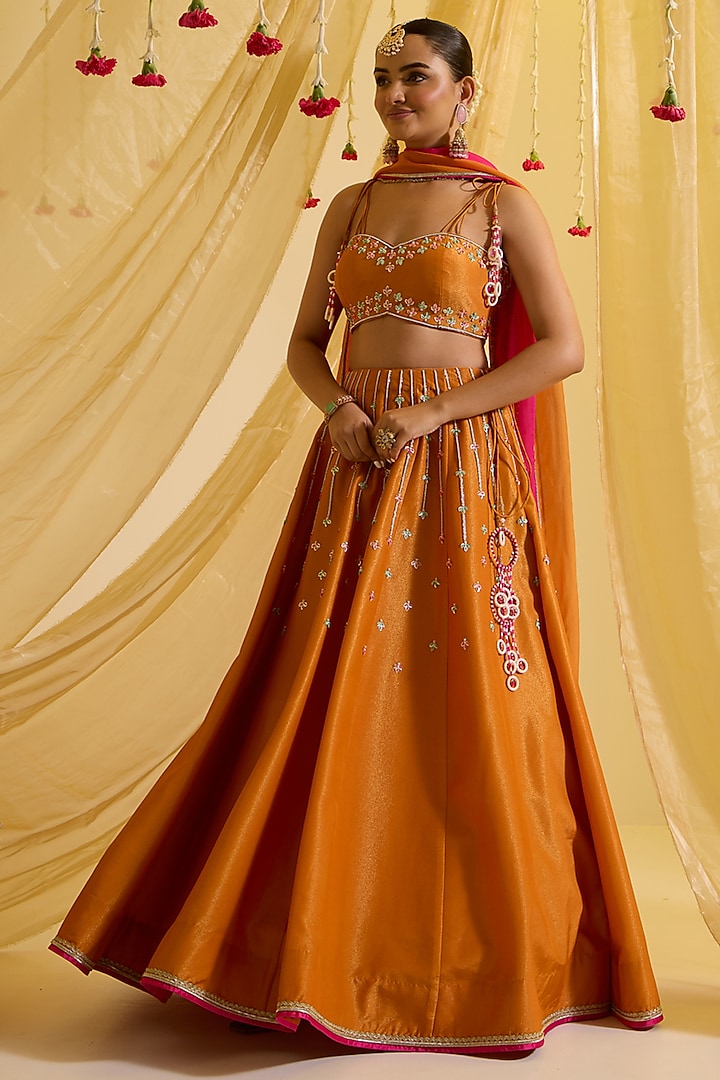 Orange Silk Tissue Embroidered Kalidar Wedding Lehenga Set by SONAL PASRIJA at Pernia's Pop Up Shop