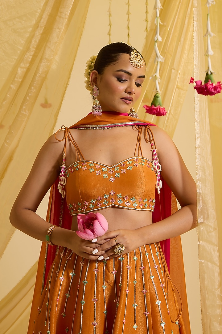 Orange Silk Tissue Embroidered Kalidar Wedding Lehenga Set by SONAL PASRIJA at Pernia's Pop Up Shop
