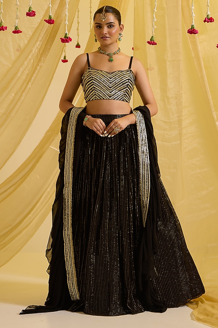 Black & Gold Silk Gathered Wedding Lehenga Set by SONAL PASRIJA at Pernia's Pop Up Shop