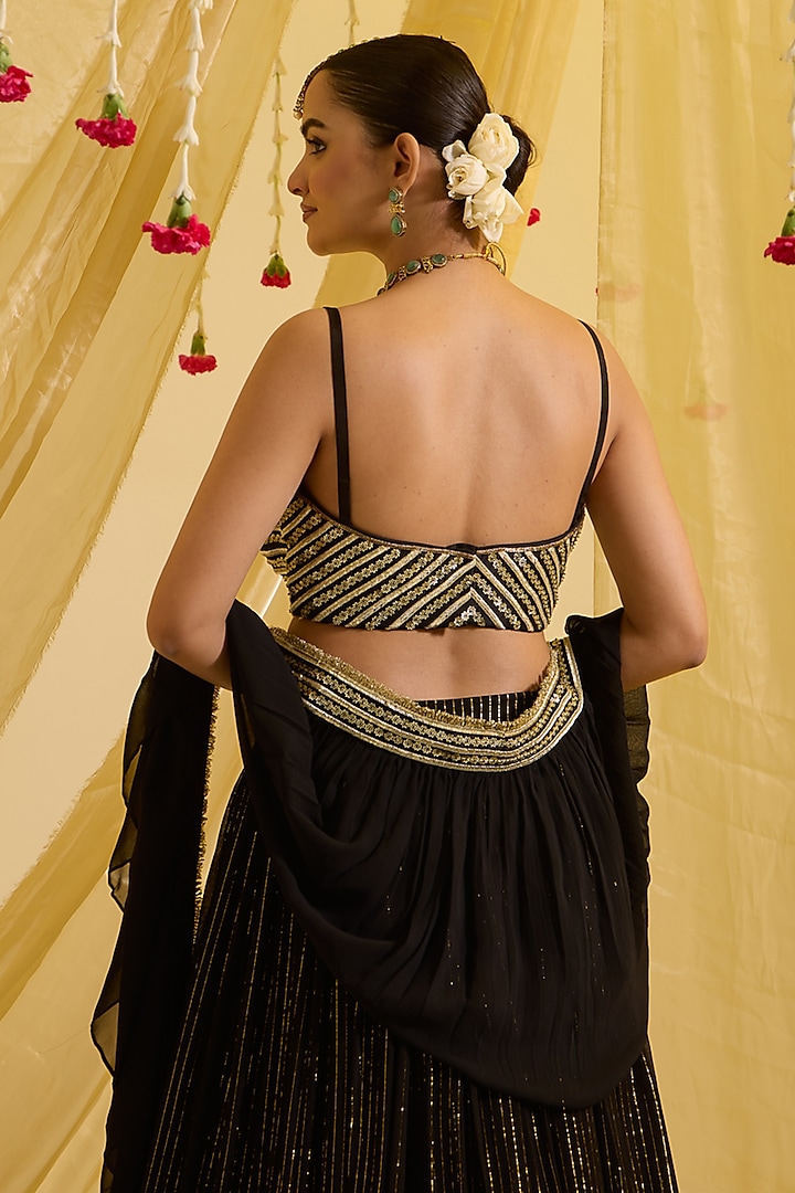 Black & Gold Silk Gathered Wedding Lehenga Set by SONAL PASRIJA at Pernia's Pop Up Shop