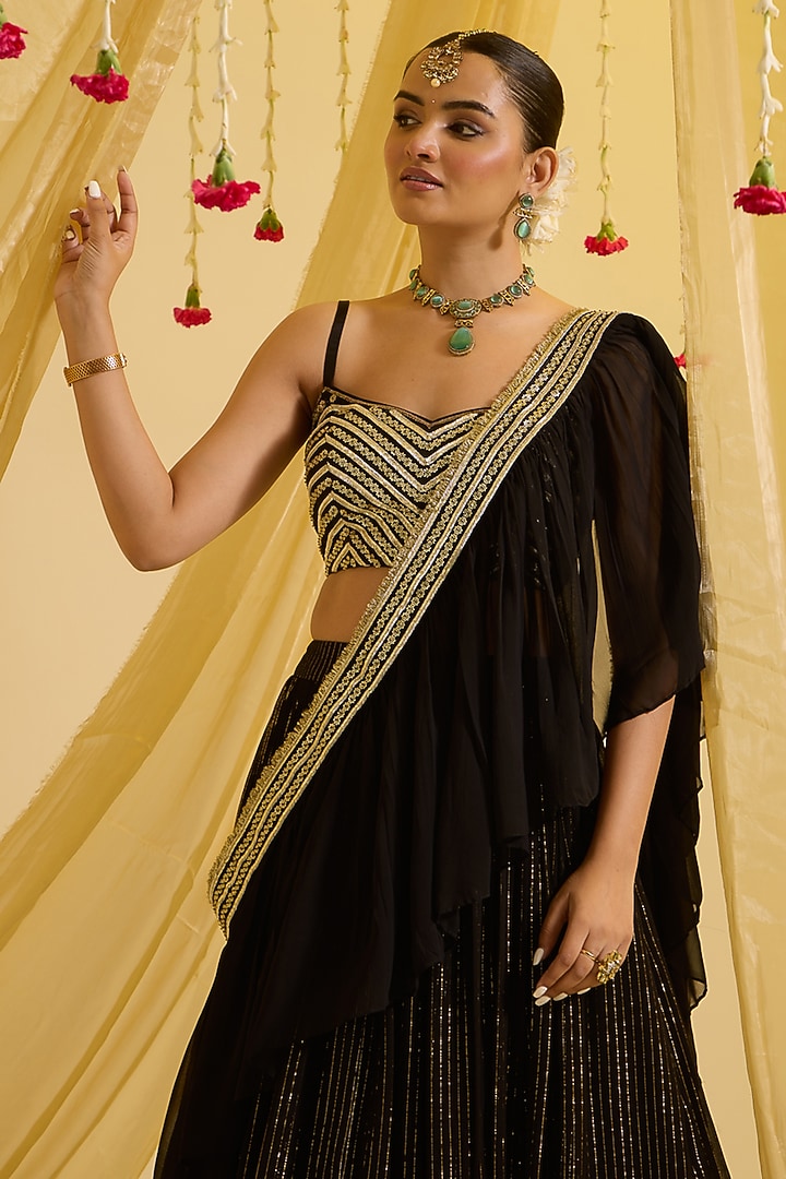 Black & Gold Silk Gathered Wedding Lehenga Set by SONAL PASRIJA at Pernia's Pop Up Shop