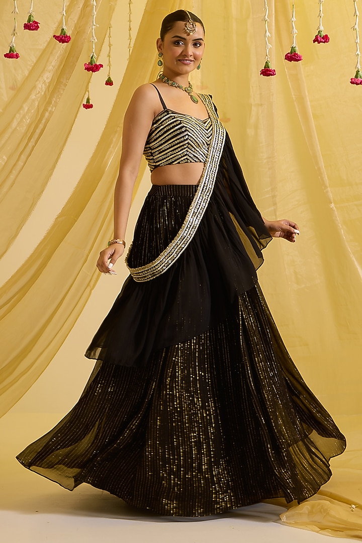 Black & Gold Silk Gathered Wedding Lehenga Set by SONAL PASRIJA at Pernia's Pop Up Shop