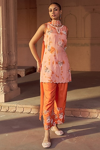 Peach & Orange Silk Tie-Dye Hand Embroidered Kurta Set by SONAL PASRIJA