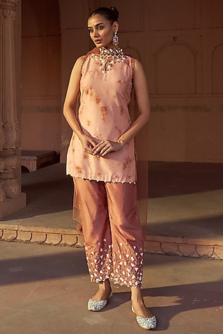 Beige & Brown Silk Tie-Dye Hand Embroidered Kurta Set by SONAL PASRIJA