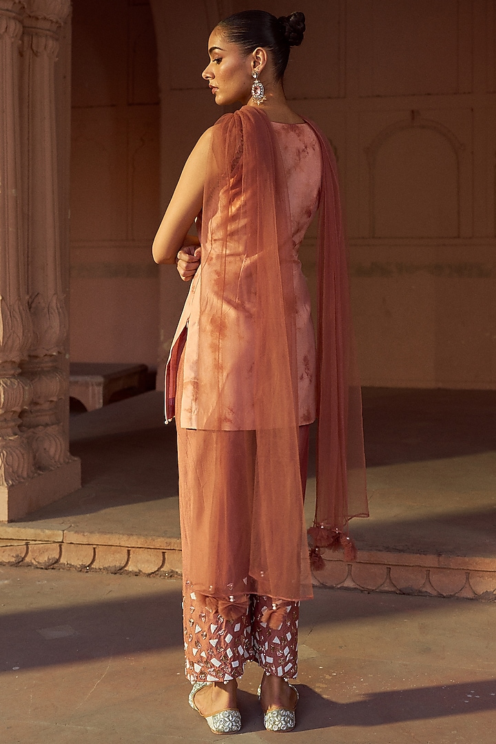 Beige & Brown Silk Tie-Dye Hand Embroidered Kurta Set by SONAL PASRIJA at Pernia's Pop Up Shop