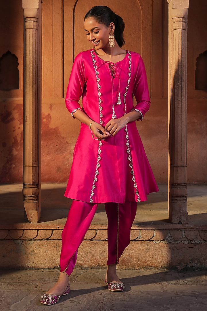 Fuchsia Pink Chanderi & Satin Hand Embroidered Kalidar Short Kurta Set by SONAL PASRIJA at Pernia's Pop Up Shop
