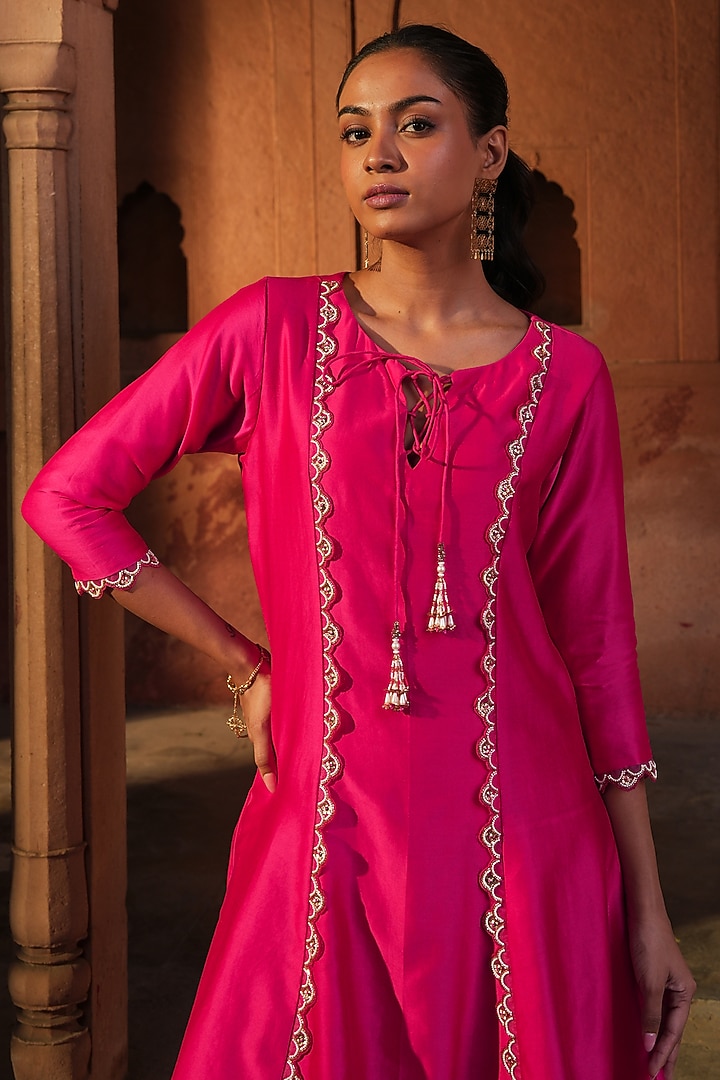 Fuchsia Pink Chanderi & Satin Hand Embroidered Kalidar Short Kurta Set by SONAL PASRIJA at Pernia's Pop Up Shop