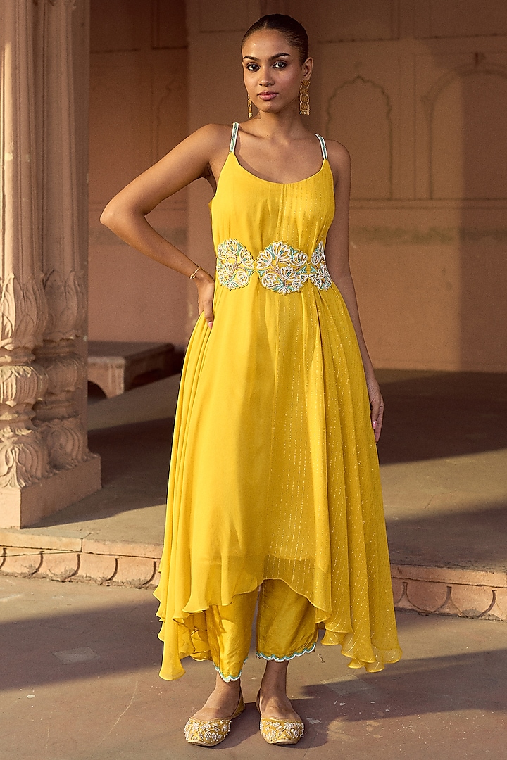 Yellow Silk & Lurex Georgette Flared Asymmetric Kurta Set by SONAL PASRIJA at Pernia's Pop Up Shop