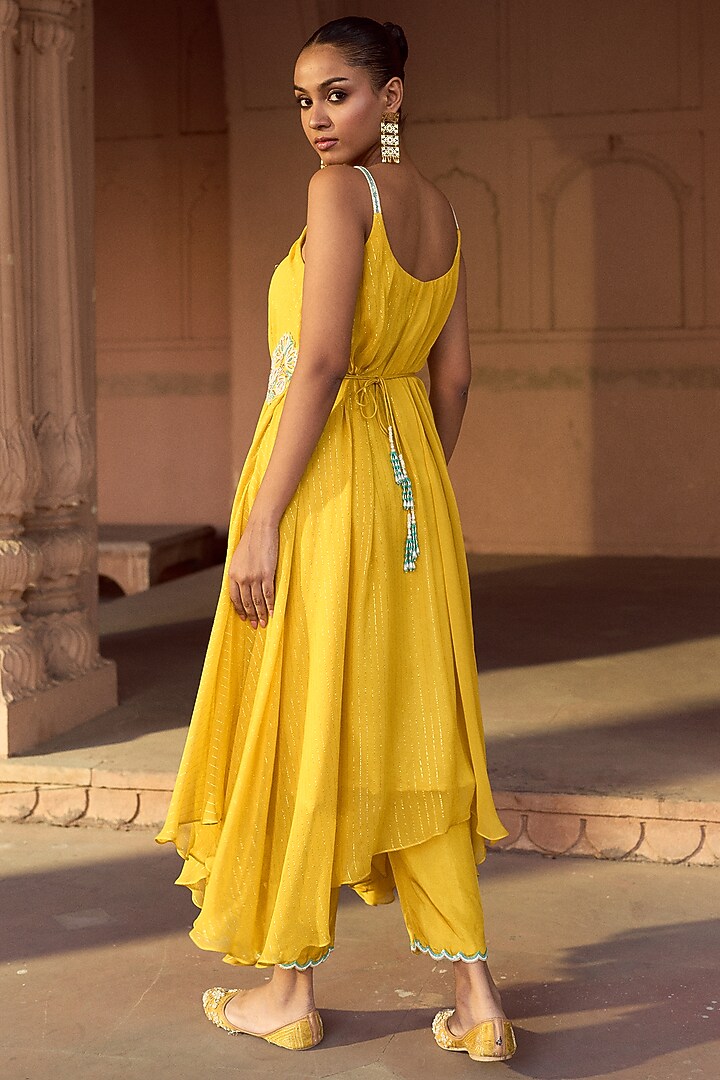 Yellow Silk & Lurex Georgette Flared Asymmetric Kurta Set by SONAL PASRIJA at Pernia's Pop Up Shop