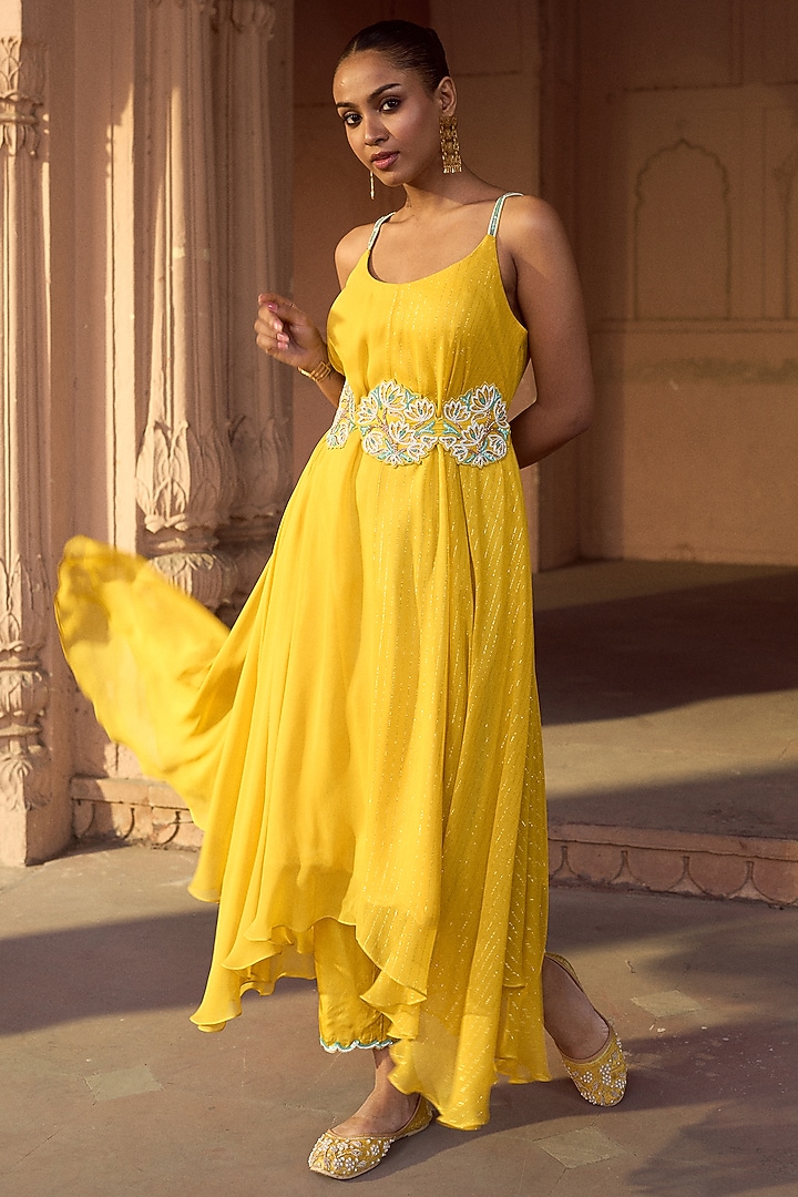 Yellow Silk & Lurex Georgette Flared Asymmetric Kurta Set by SONAL PASRIJA at Pernia's Pop Up Shop