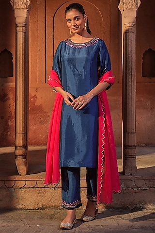 Indigo Blue Silk Embroidered Kurta Set by SONAL PASRIJA