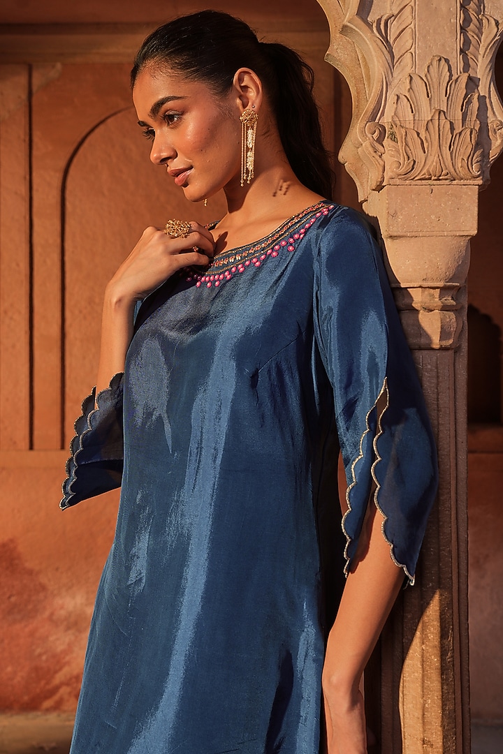 Indigo Blue Silk Embroidered Kurta Set by SONAL PASRIJA at Pernia's Pop Up Shop