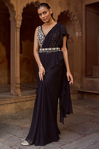 Black Silk & Georgette Pre-Draped Saree Set by SONAL PASRIJA
