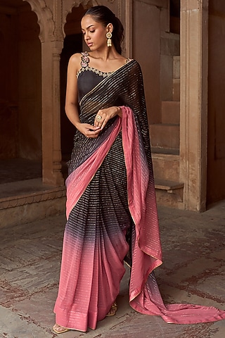 Black & Dusty Pink Ombre Silk & Lurex Georgette Pre-Draped Saree Set by SONAL PASRIJA