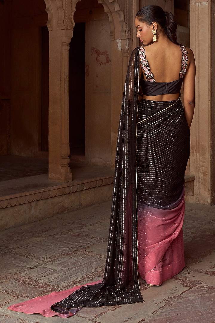 Black & Dusty Pink Ombre Silk & Lurex Georgette Pre-Draped Party Wear Saree Set by SONAL PASRIJA at Pernia's Pop Up Shop