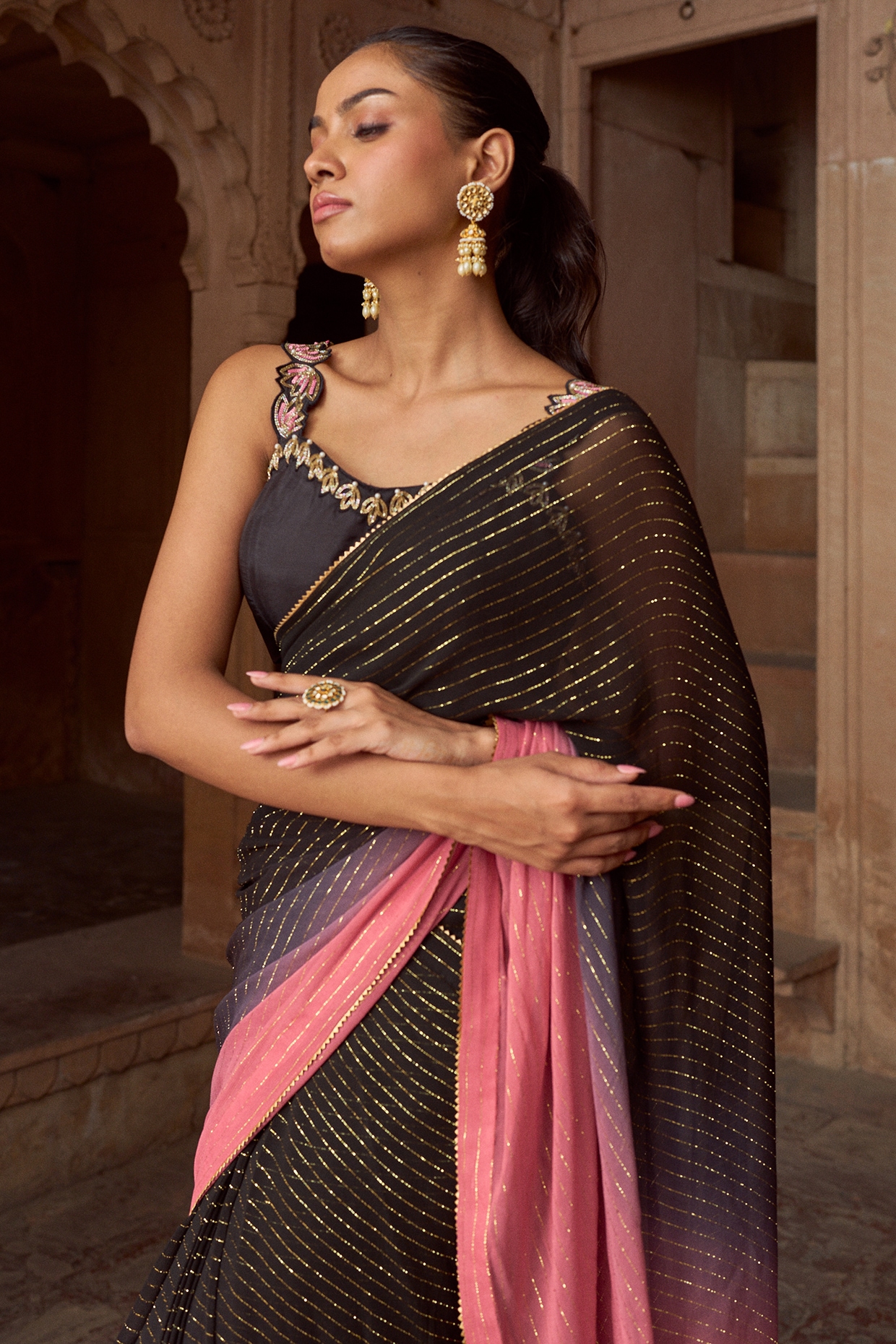 Buy Premium Black Colour Handloom Pure Cotton Sarees With Pink Contrast  Border & Unstitched Blouse Piece
