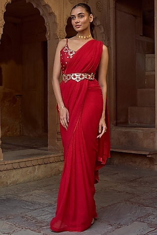 Red Silk & Georgette Pre-Draped Saree Set by SONAL PASRIJA