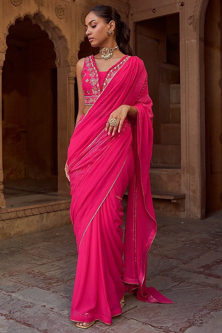Fuchsia Pink Silk & Georgette Pre-Draped Saree Set by SONAL PASRIJA