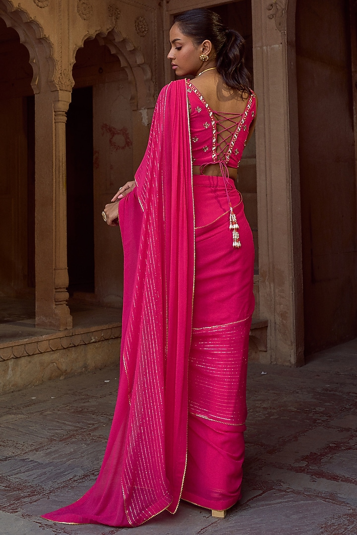 Fuchsia Pink Silk & Georgette Pre-Draped Party Wear Saree Set by SONAL PASRIJA at Pernia's Pop Up Shop