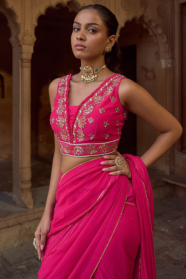 Fuchsia Pink Silk & Georgette Pre-Draped Party Wear Saree Set by SONAL PASRIJA at Pernia's Pop Up Shop