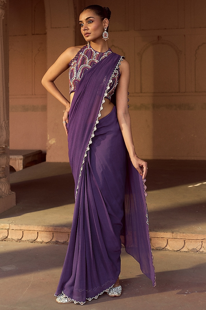 Purple Silk & Georgette Pre-Draped Saree Set by SONAL PASRIJA