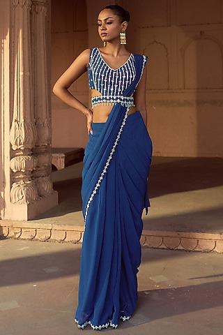 Indigo Blue Silk & Georgette Pre-Draped Saree Set by SONAL PASRIJA