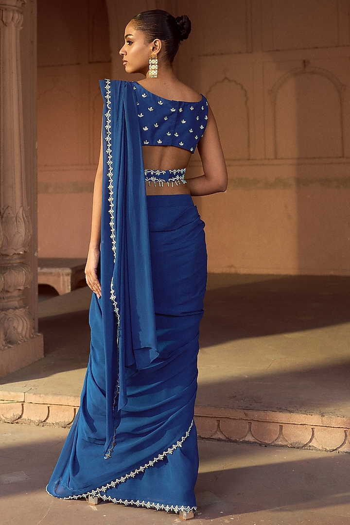 Indigo Blue Silk & Georgette Pre-Draped Party Wear Saree Set by SONAL PASRIJA at Pernia's Pop Up Shop