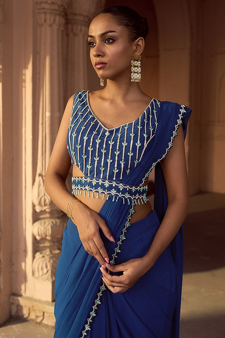 Indigo Blue Silk & Georgette Pre-Draped Party Wear Saree Set by SONAL PASRIJA at Pernia's Pop Up Shop