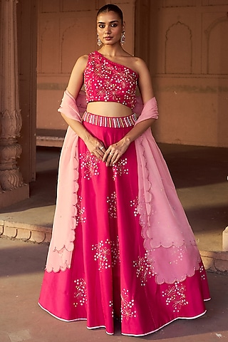 Fuchsia Pink Silk Embroidered Kalidar Lehenga Set by SONAL PASRIJA