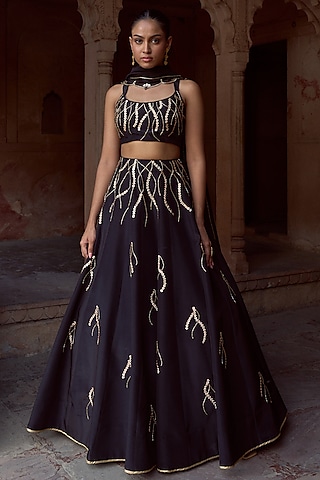Black Silk Hand Embroidered Kalidar Lehenga Set by SONAL PASRIJA